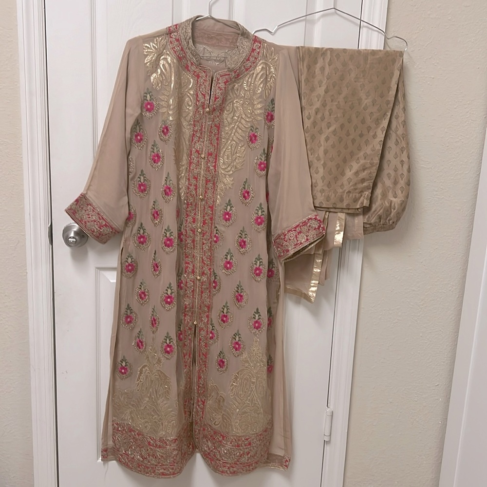 Beige Embroidered Long Sleeve Dress with Pink Accents